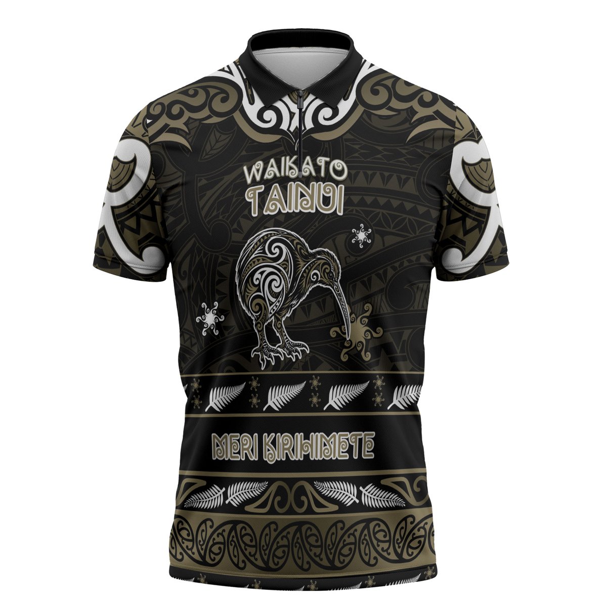 Personalised Waikato Tainui Aotearoa Meri Kirihimete Zipper Polo Shirt Maori Kiwi Bird Silver Fern Koru Pattern