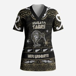 Personalised Waikato Tainui Aotearoa Meri Kirihimete Scrub Top Maori Kiwi Bird Silver Fern Koru Pattern