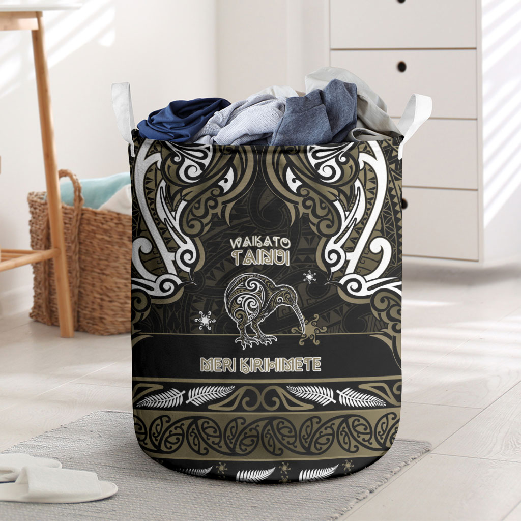 Waikato Tainui Aotearoa Meri Kirihimete Laundry Basket Maori Kiwi Bird Silver Fern Koru Pattern