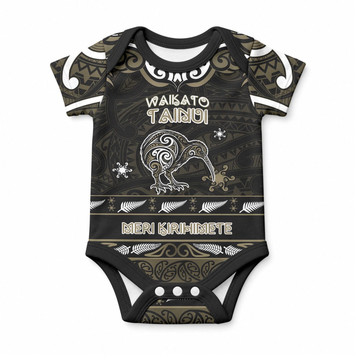 Personalised Waikato Tainui Aotearoa Meri Kirihimete Baby Onesie Maori Kiwi Bird Silver Fern Koru Pattern