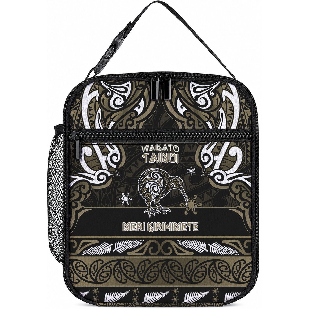 Waikato Tainui Aotearoa Meri Kirihimete Lunch Bag Maori Kiwi Bird Silver Fern Koru Pattern