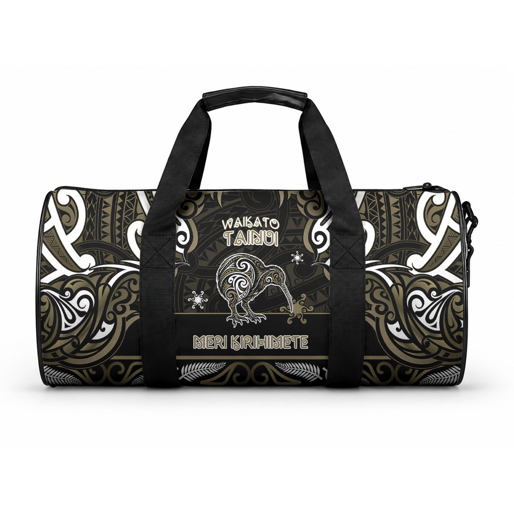 Waikato Tainui Aotearoa Meri Kirihimete Duffle Bag Maori Kiwi Bird Silver Fern Koru Pattern
