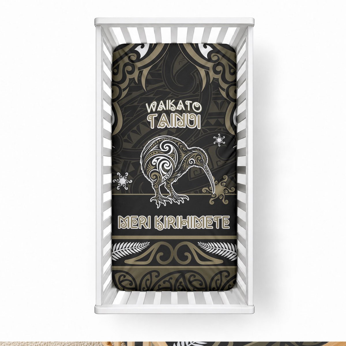 Waikato Tainui Aotearoa Meri Kirihimete Baby Bed Cover Maori Kiwi Bird Silver Fern Koru Pattern