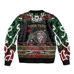Personalised Ngai Tuhoe Aotearoa Meri Kirihimete Bomber Jacket Maori Kiwi Bird Silver Fern Koru Pattern