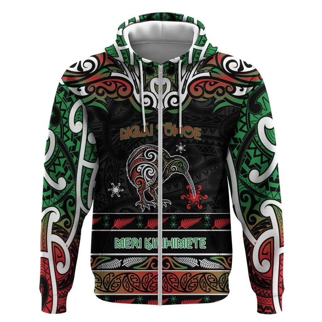 Personalised Ngai Tuhoe Aotearoa Meri Kirihimete Zip Hoodie Maori Kiwi Bird Silver Fern Koru Pattern
