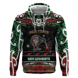 Personalised Ngai Tuhoe Aotearoa Meri Kirihimete Hoodie Maori Kiwi Bird Silver Fern Koru Pattern