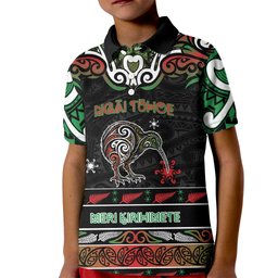 Personalised Ngai Tuhoe Aotearoa Meri Kirihimete Kid Polo Shirt Maori Kiwi Bird Silver Fern Koru Pattern
