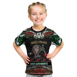 Personalised Ngai Tuhoe Aotearoa Meri Kirihimete Kid T Shirt Maori Kiwi Bird Silver Fern Koru Pattern