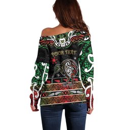 Personalised Ngai Tuhoe Aotearoa Meri Kirihimete Off Shoulder Sweater Maori Kiwi Bird Silver Fern Koru Pattern