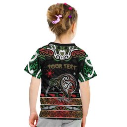 Personalised Ngai Tuhoe Aotearoa Meri Kirihimete Kid T Shirt Maori Kiwi Bird Silver Fern Koru Pattern