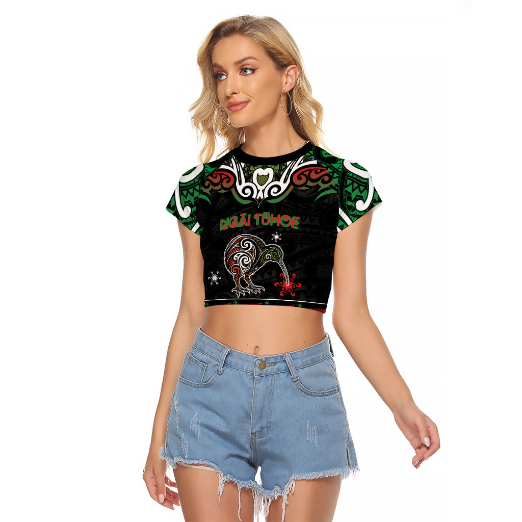 Personalised Ngai Tuhoe Aotearoa Meri Kirihimete Raglan Cropped T Shirt Maori Kiwi Bird Silver Fern Koru Pattern