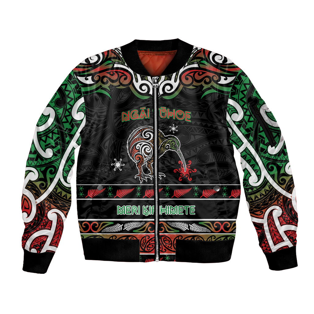 Personalised Ngai Tuhoe Aotearoa Meri Kirihimete Sleeve Zip Bomber Jacket Maori Kiwi Bird Silver Fern Koru Pattern