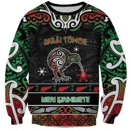 Personalised Ngai Tuhoe Aotearoa Meri Kirihimete Sweatshirt Maori Kiwi Bird Silver Fern Koru Pattern