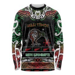 Personalised Ngai Tuhoe Aotearoa Meri Kirihimete Long Sleeve Shirt Maori Kiwi Bird Silver Fern Koru Pattern