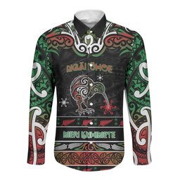 Personalised Ngai Tuhoe Aotearoa Meri Kirihimete Long Sleeve Button Shirt Maori Kiwi Bird Silver Fern Koru Pattern