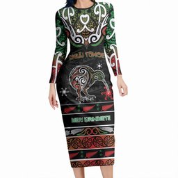 Personalised Ngai Tuhoe Aotearoa Meri Kirihimete Long Sleeve Bodycon Dress Maori Kiwi Bird Silver Fern Koru Pattern