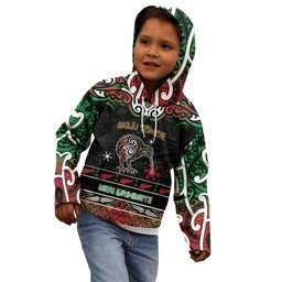 Personalised Ngai Tuhoe Aotearoa Meri Kirihimete Kid Hoodie Maori Kiwi Bird Silver Fern Koru Pattern