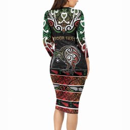 Personalised Ngai Tuhoe Aotearoa Meri Kirihimete Long Sleeve Bodycon Dress Maori Kiwi Bird Silver Fern Koru Pattern