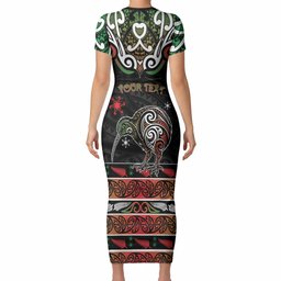 Personalised Ngai Tuhoe Aotearoa Meri Kirihimete Short Sleeve Bodycon Dress Maori Kiwi Bird Silver Fern Koru Pattern