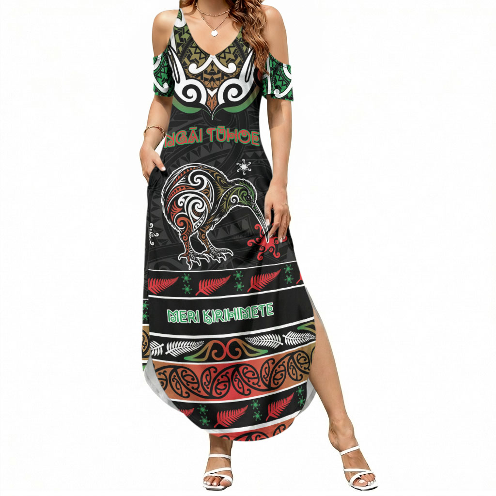Personalised Ngai Tuhoe Aotearoa Meri Kirihimete Summer Maxi Dress Maori Kiwi Bird Silver Fern Koru Pattern