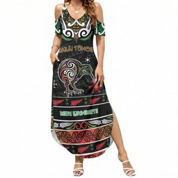 Personalised Ngai Tuhoe Aotearoa Meri Kirihimete Summer Maxi Dress Maori Kiwi Bird Silver Fern Koru Pattern
