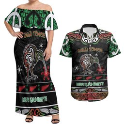 Personalised Ngai Tuhoe Aotearoa Meri Kirihimete Couples Matching Off Shoulder Maxi Dress and Hawaiian Shirt Maori Kiwi Bird Silver Fern Koru Pattern