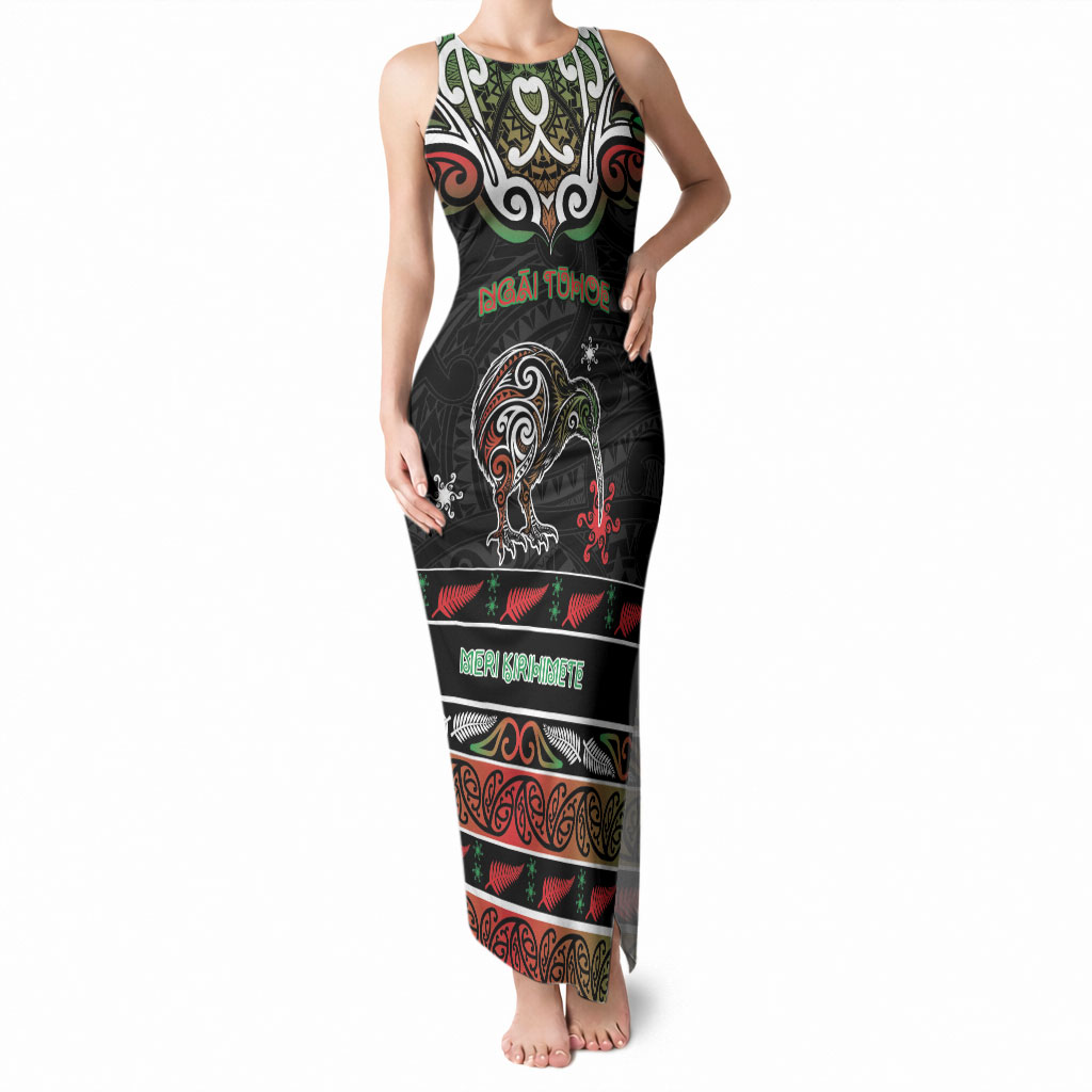 Personalised Ngai Tuhoe Aotearoa Meri Kirihimete Tank Maxi Dress Maori Kiwi Bird Silver Fern Koru Pattern