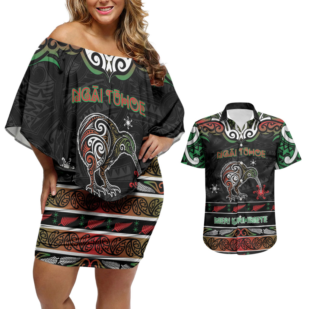 Personalised Ngai Tuhoe Aotearoa Meri Kirihimete Couples Matching Off Shoulder Short Dress and Hawaiian Shirt Maori Kiwi Bird Silver Fern Koru Pattern