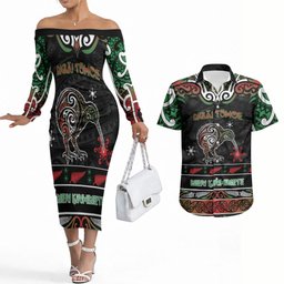 Personalised Ngai Tuhoe Aotearoa Meri Kirihimete Couples Matching Off The Shoulder Long Sleeve Dress and Hawaiian Shirt Maori Kiwi Bird Silver Fern Koru Pattern