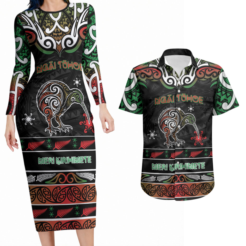 Personalised Ngai Tuhoe Aotearoa Meri Kirihimete Couples Matching Long Sleeve Bodycon Dress and Hawaiian Shirt Maori Kiwi Bird Silver Fern Koru Pattern