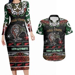 Personalised Ngai Tuhoe Aotearoa Meri Kirihimete Couples Matching Long Sleeve Bodycon Dress and Hawaiian Shirt Maori Kiwi Bird Silver Fern Koru Pattern
