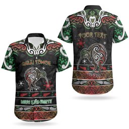 Personalised Ngai Tuhoe Aotearoa Meri Kirihimete Couples Matching Off Shoulder Short Dress and Hawaiian Shirt Maori Kiwi Bird Silver Fern Koru Pattern
