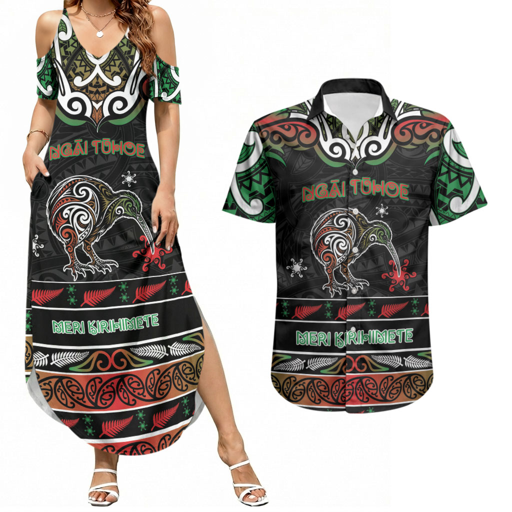 Personalised Ngai Tuhoe Aotearoa Meri Kirihimete Couples Matching Summer Maxi Dress and Hawaiian Shirt Maori Kiwi Bird Silver Fern Koru Pattern