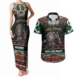 Personalised Ngai Tuhoe Aotearoa Meri Kirihimete Couples Matching Tank Maxi Dress and Hawaiian Shirt Maori Kiwi Bird Silver Fern Koru Pattern