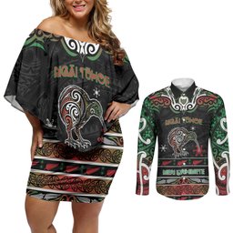 Personalised Ngai Tuhoe Aotearoa Meri Kirihimete Couples Matching Off Shoulder Short Dress and Long Sleeve Button Shirt Maori Kiwi Bird Silver Fern Koru Pattern