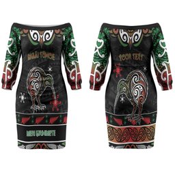 Personalised Ngai Tuhoe Aotearoa Meri Kirihimete Couples Matching Off The Shoulder Long Sleeve Dress and Long Sleeve Button Shirt Maori Kiwi Bird Silver Fern Koru Pattern