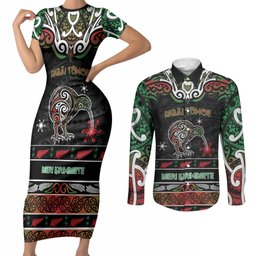Personalised Ngai Tuhoe Aotearoa Meri Kirihimete Couples Matching Short Sleeve Bodycon Dress and Long Sleeve Button Shirt Maori Kiwi Bird Silver Fern Koru Pattern