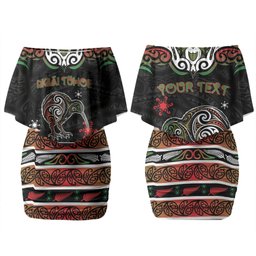 Personalised Ngai Tuhoe Aotearoa Meri Kirihimete Couples Matching Off Shoulder Short Dress and Long Sleeve Button Shirt Maori Kiwi Bird Silver Fern Koru Pattern