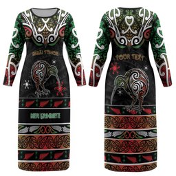 Personalised Ngai Tuhoe Aotearoa Meri Kirihimete Couples Matching Long Sleeve Bodycon Dress and Long Sleeve Button Shirt Maori Kiwi Bird Silver Fern Koru Pattern