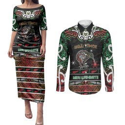 Personalised Ngai Tuhoe Aotearoa Meri Kirihimete Couples Matching Puletasi and Long Sleeve Button Shirt Maori Kiwi Bird Silver Fern Koru Pattern