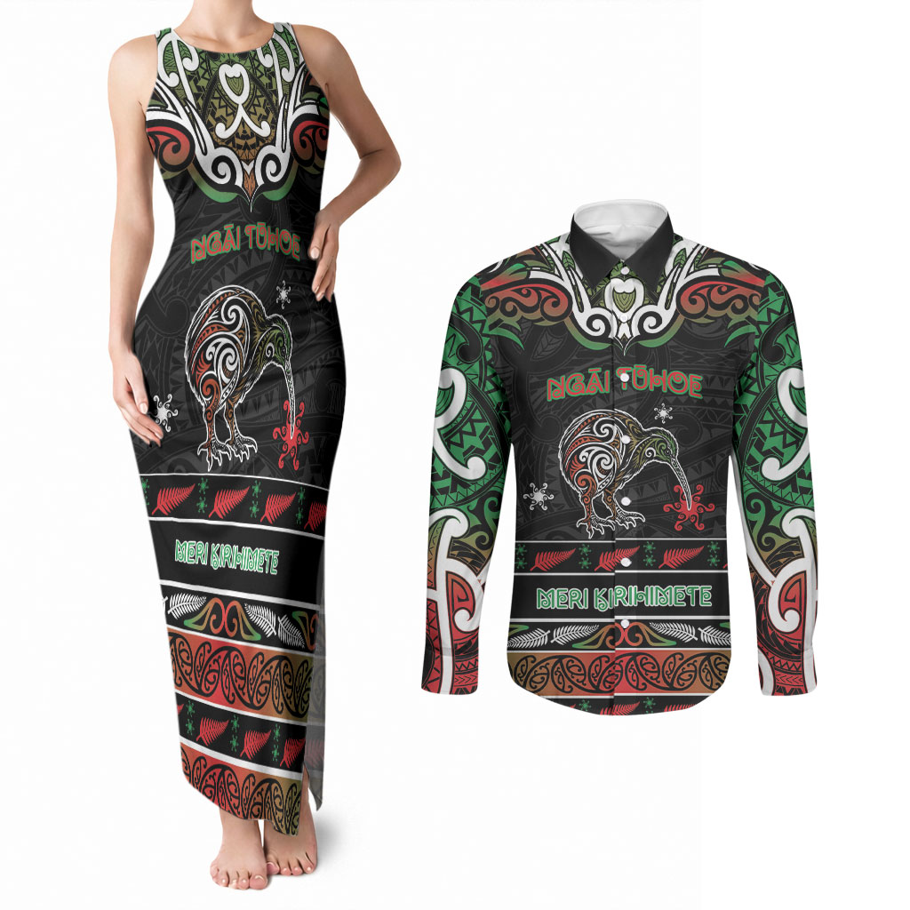 Personalised Ngai Tuhoe Aotearoa Meri Kirihimete Couples Matching Tank Maxi Dress and Long Sleeve Button Shirt Maori Kiwi Bird Silver Fern Koru Pattern