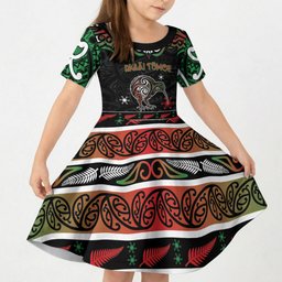 Personalised Ngai Tuhoe Aotearoa Meri Kirihimete Kid Short Sleeve Dress Maori Kiwi Bird Silver Fern Koru Pattern