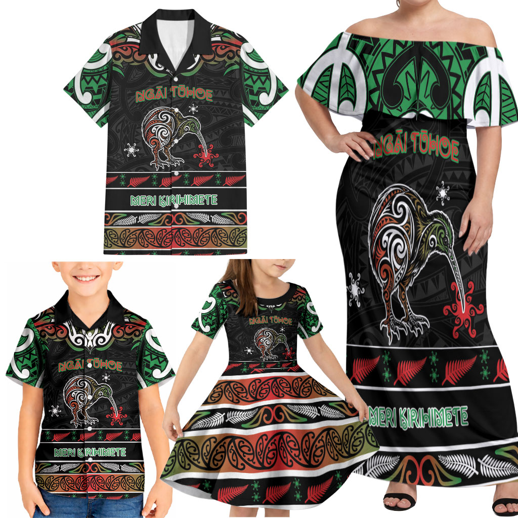 Personalised Ngai Tuhoe Aotearoa Meri Kirihimete Family Matching Off Shoulder Maxi Dress and Hawaiian Shirt Maori Kiwi Bird Silver Fern Koru Pattern