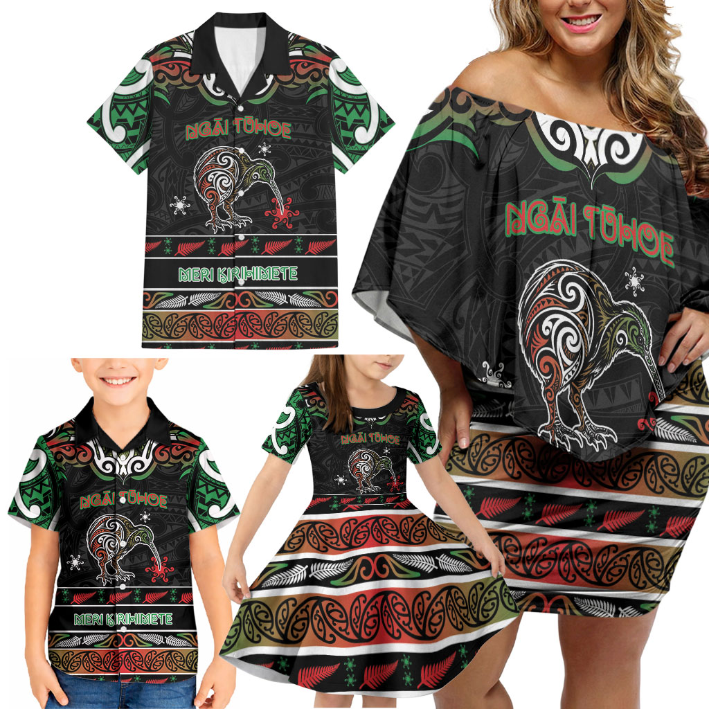 Personalised Ngai Tuhoe Aotearoa Meri Kirihimete Family Matching Off Shoulder Short Dress and Hawaiian Shirt Maori Kiwi Bird Silver Fern Koru Pattern