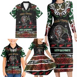 Personalised Ngai Tuhoe Aotearoa Meri Kirihimete Family Matching Long Sleeve Bodycon Dress and Hawaiian Shirt Maori Kiwi Bird Silver Fern Koru Pattern