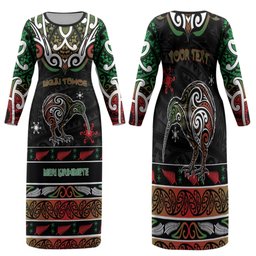 Personalised Ngai Tuhoe Aotearoa Meri Kirihimete Family Matching Long Sleeve Bodycon Dress and Hawaiian Shirt Maori Kiwi Bird Silver Fern Koru Pattern