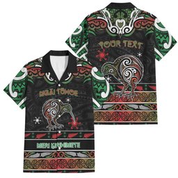 Personalised Ngai Tuhoe Aotearoa Meri Kirihimete Family Matching Off Shoulder Short Dress and Hawaiian Shirt Maori Kiwi Bird Silver Fern Koru Pattern