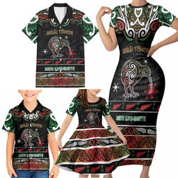 Personalised Ngai Tuhoe Aotearoa Meri Kirihimete Family Matching Short Sleeve Bodycon Dress and Hawaiian Shirt Maori Kiwi Bird Silver Fern Koru Pattern