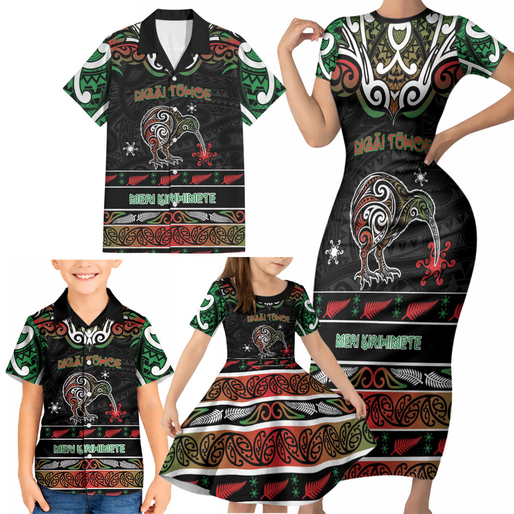 Personalised Ngai Tuhoe Aotearoa Meri Kirihimete Family Matching Short Sleeve Bodycon Dress and Hawaiian Shirt Maori Kiwi Bird Silver Fern Koru Pattern