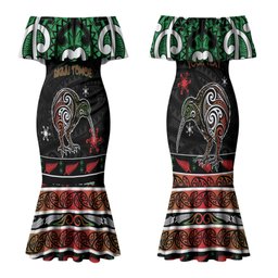 Personalised Ngai Tuhoe Aotearoa Meri Kirihimete Family Matching Mermaid Dress and Hawaiian Shirt Maori Kiwi Bird Silver Fern Koru Pattern